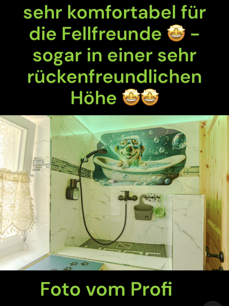Professionelle Aufnahme einer erhöhten Hundedusche im Ferienhaus mit Fliesenoptik und buntem Hundemotiv an der Wand. Text-Overlay: sehr komfortabel für die Fellfreunde - sogar in einer sehr rückenfreundlichen Höhe, Foto vom Profi.